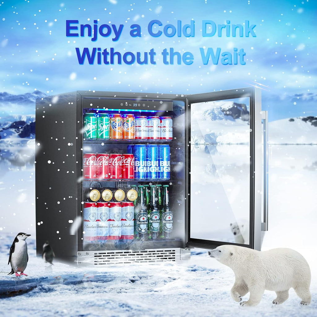 24'' 140 can Stainless Steel Beverage Refrigerator with Reversible Double-Layer Tempered Glass Door W509502