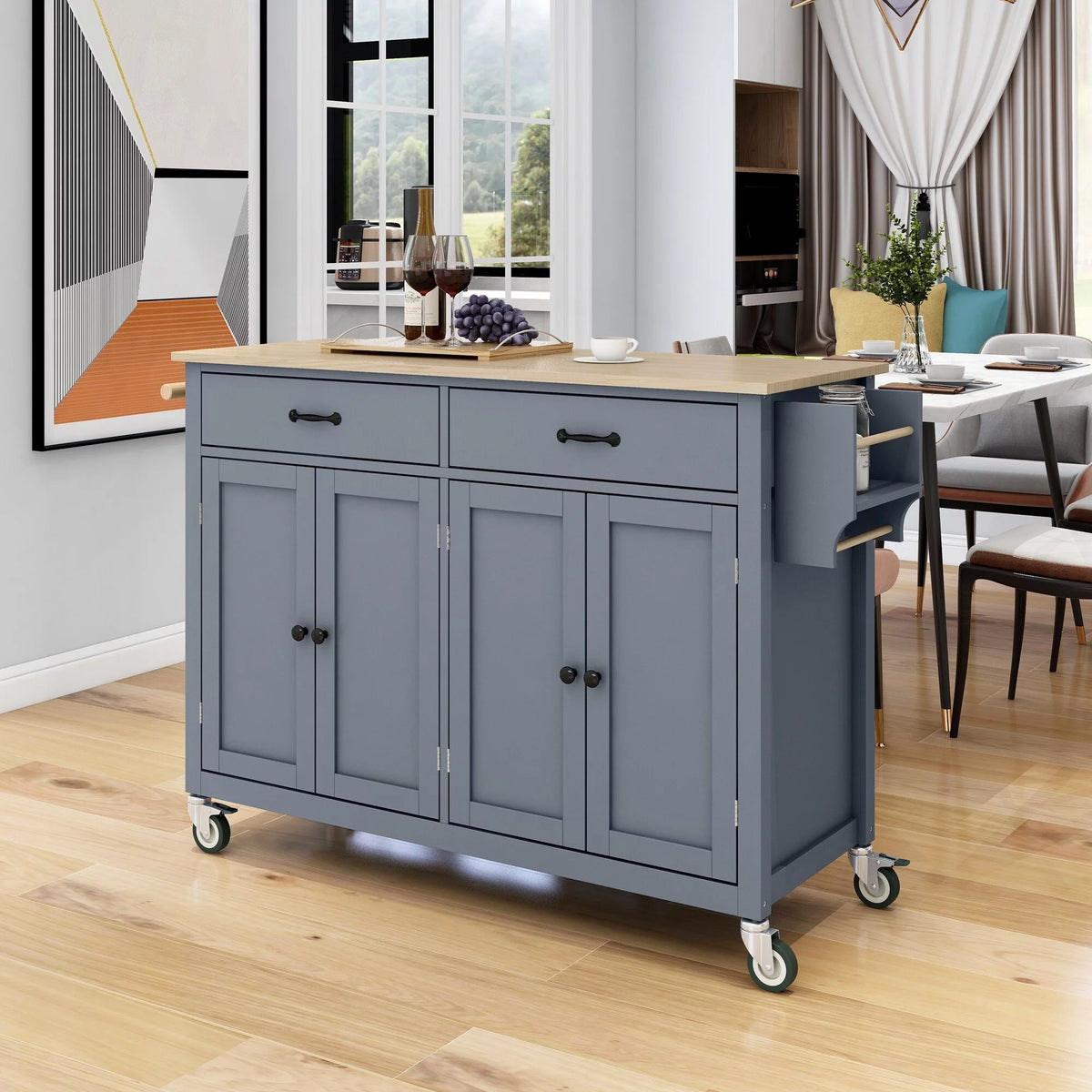 2-Drawer Rolling Kitchen Island Cart with Solid Wood Top & Door Cabinets Mint Green V816626