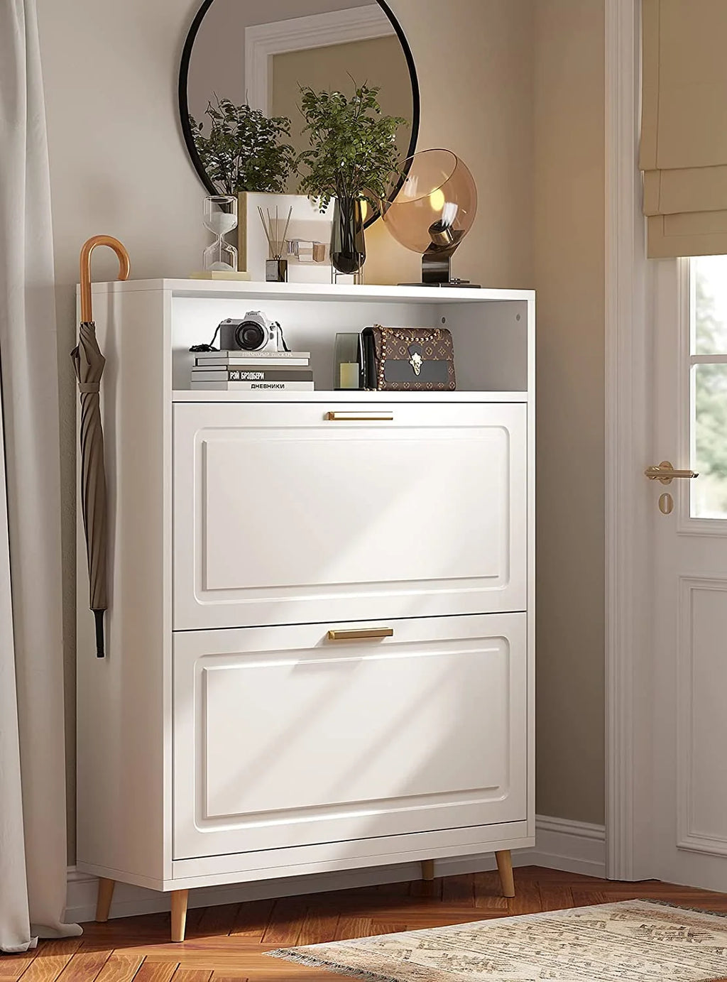White Narrow Shoe Cabinet with 2 Flip Drawers S868109