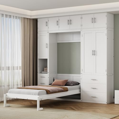 Twin Size Murphy Bed Frame with Lockers and Wardrobes, White H550070