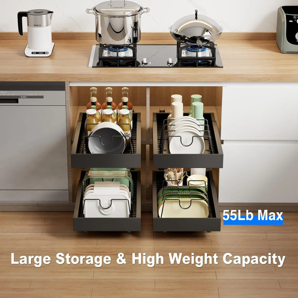 2 Pack Pull Out Cabinet Organizer, Slide Out Drawers, Heavy Duty Shelves, Black M512