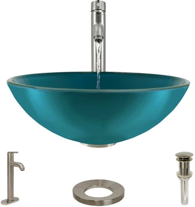 16-1/2x22 Glass Vessel Bathroom Sink with Vessel Faucet Cerulean Brushed U999