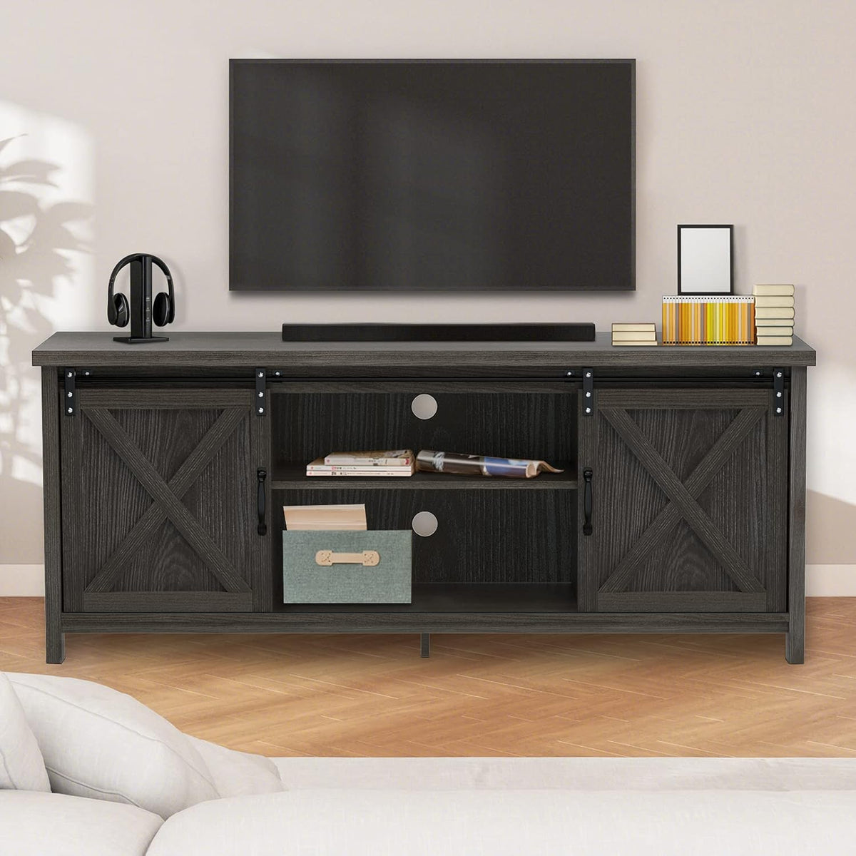 Farmhouse TV Stand with Sliding Barn Doors, Grey Q319