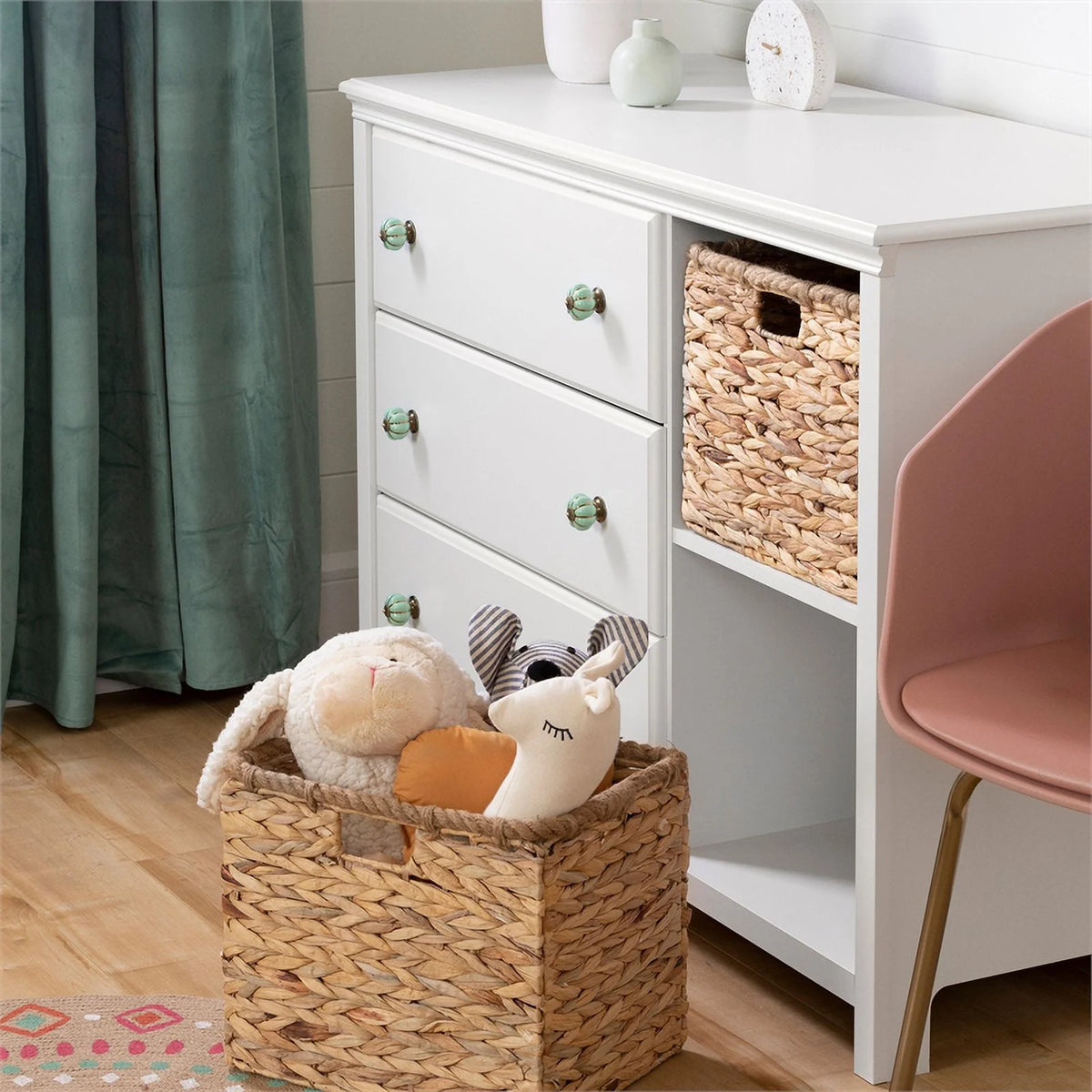 White 3-Drawer Engineered Wood Dresser with Baskets L51374