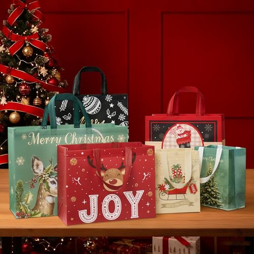 24 Pack Assorted Sizes Reusable Non-Woven Christmas Tote Bags with Handles V938