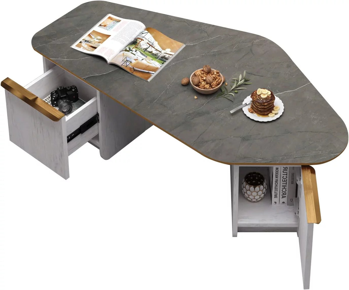 Faux Marble Coffee Table 47'' Wood with Storage U5395