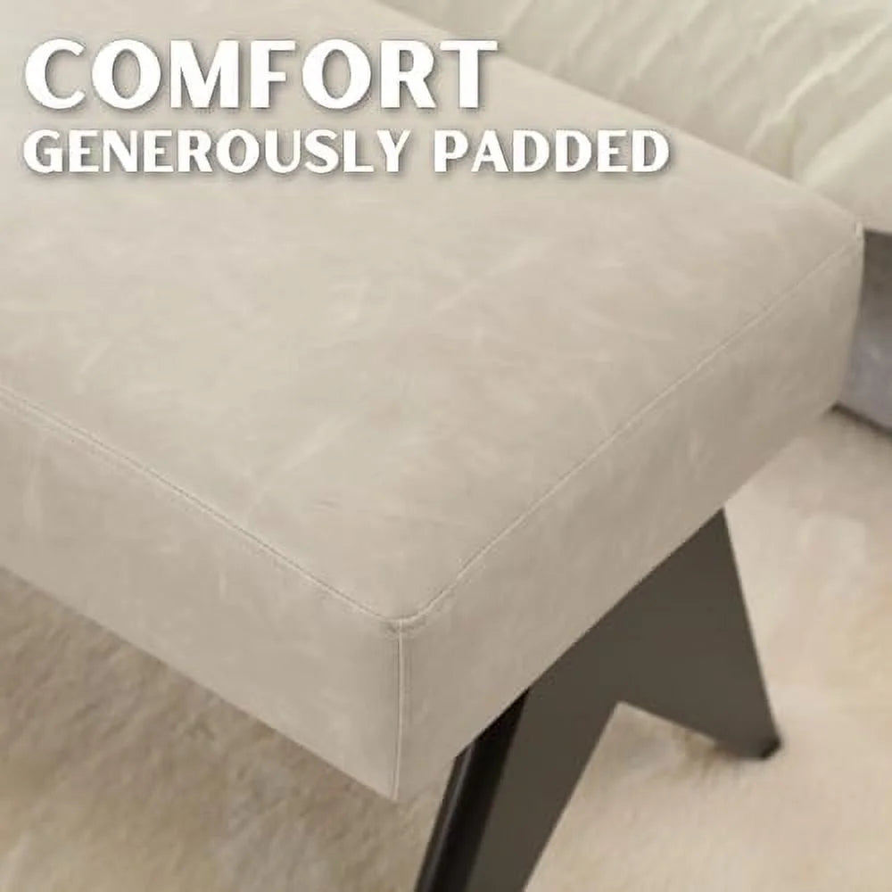 White Upholstered Ottoman Bench with Wood Legs O74346