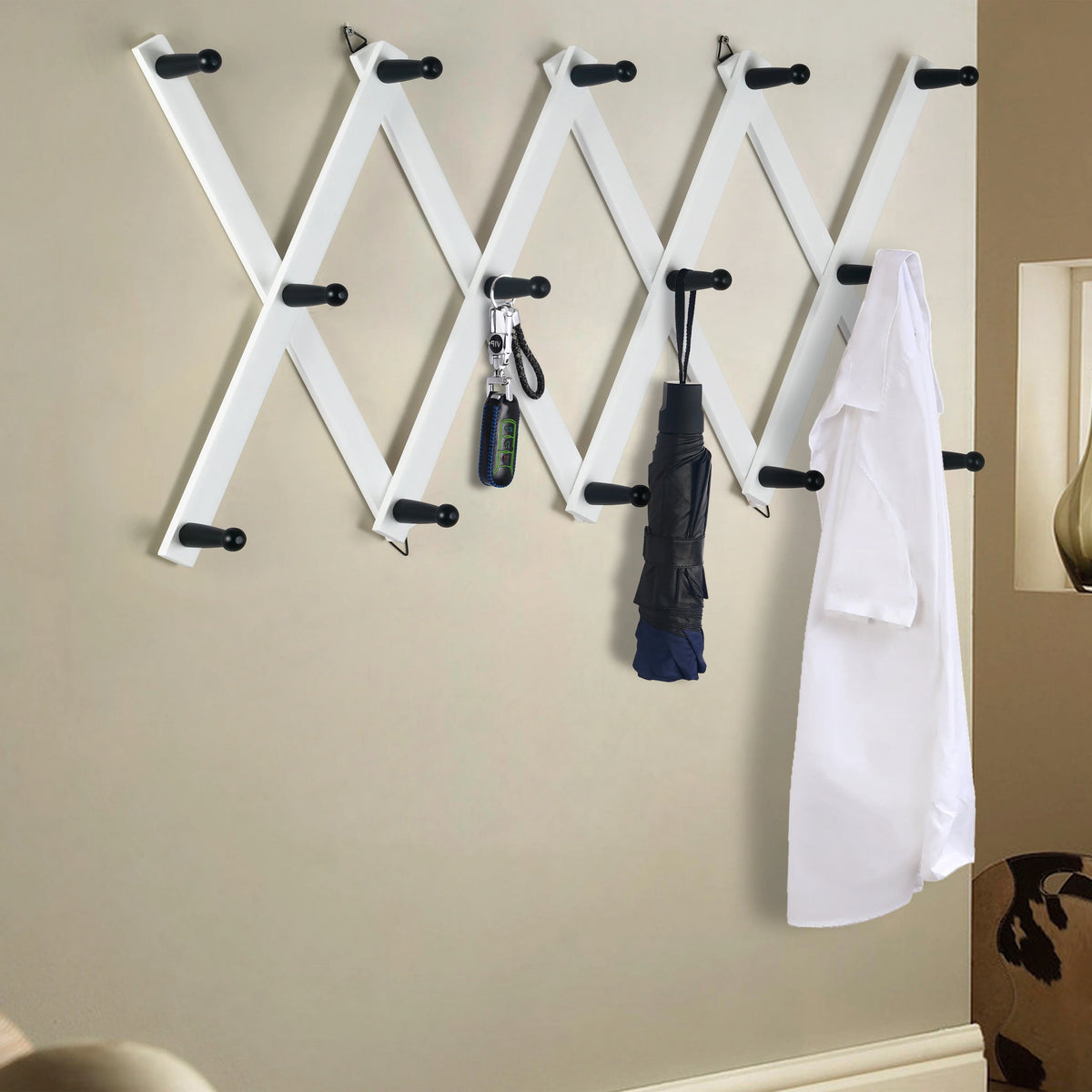 White 14 Pegs Wooden Expandable Coat Rack W74339