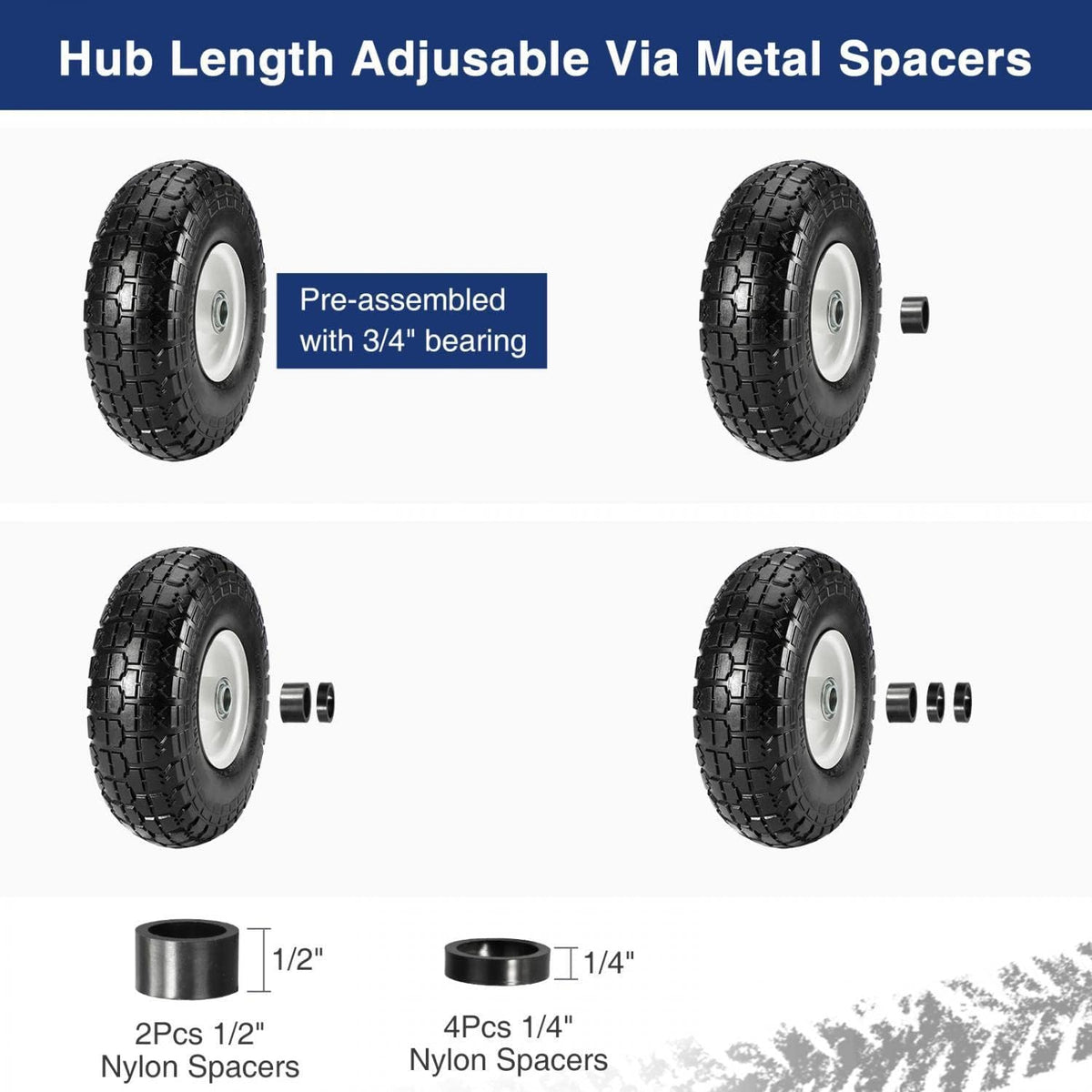 10 Flat Free Solid Rubber Tires with 3/4 Centered Bearings, 4 Pack P20339