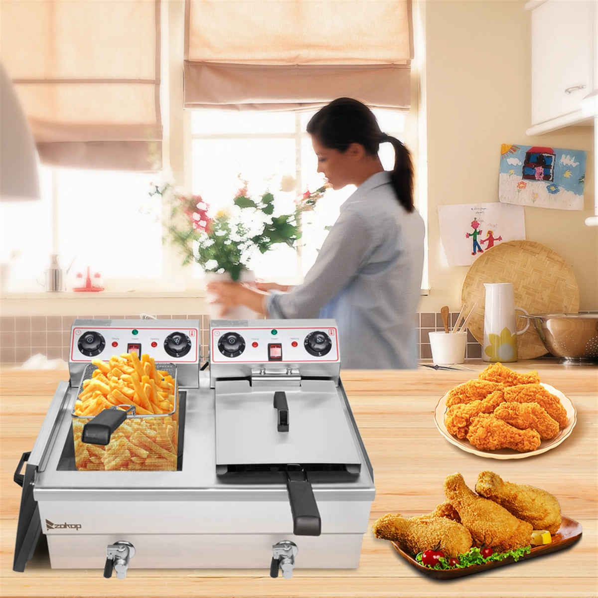 16L Stainless Steel Double Tank Deep Fryer 3400W D345