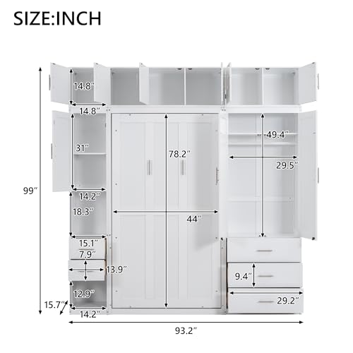 Twin Size Murphy Bed Frame with Lockers and Wardrobes, White H550070