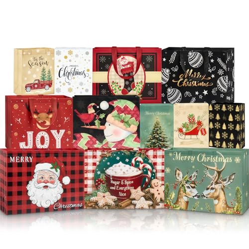24 Pack Assorted Sizes Reusable Non-Woven Christmas Tote Bags with Handles V938