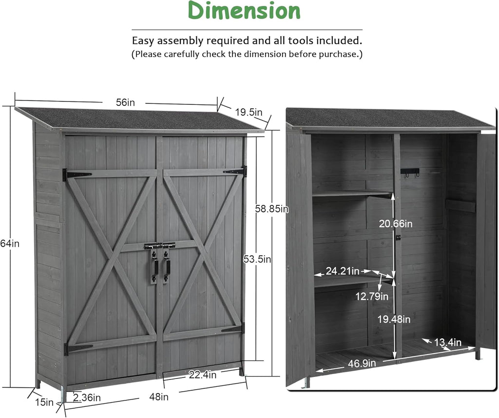 Aqua Grey Outdoor Storage Shed with 2 Lockable Doors and 2 Adjustable Shelves D546714
