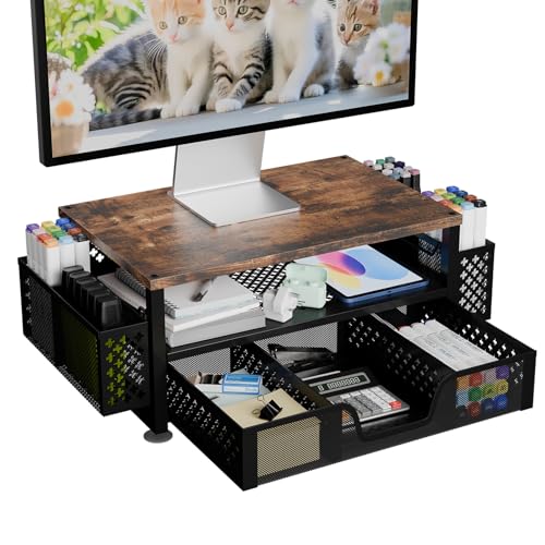 2 Tier Metal Monitor Stand with Drawer and Pen Holder, Black R11573
