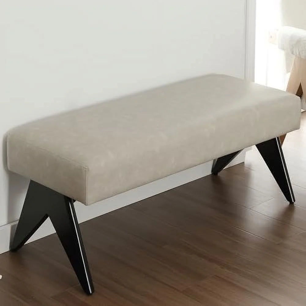 White Upholstered Ottoman Bench with Wood Legs O74346