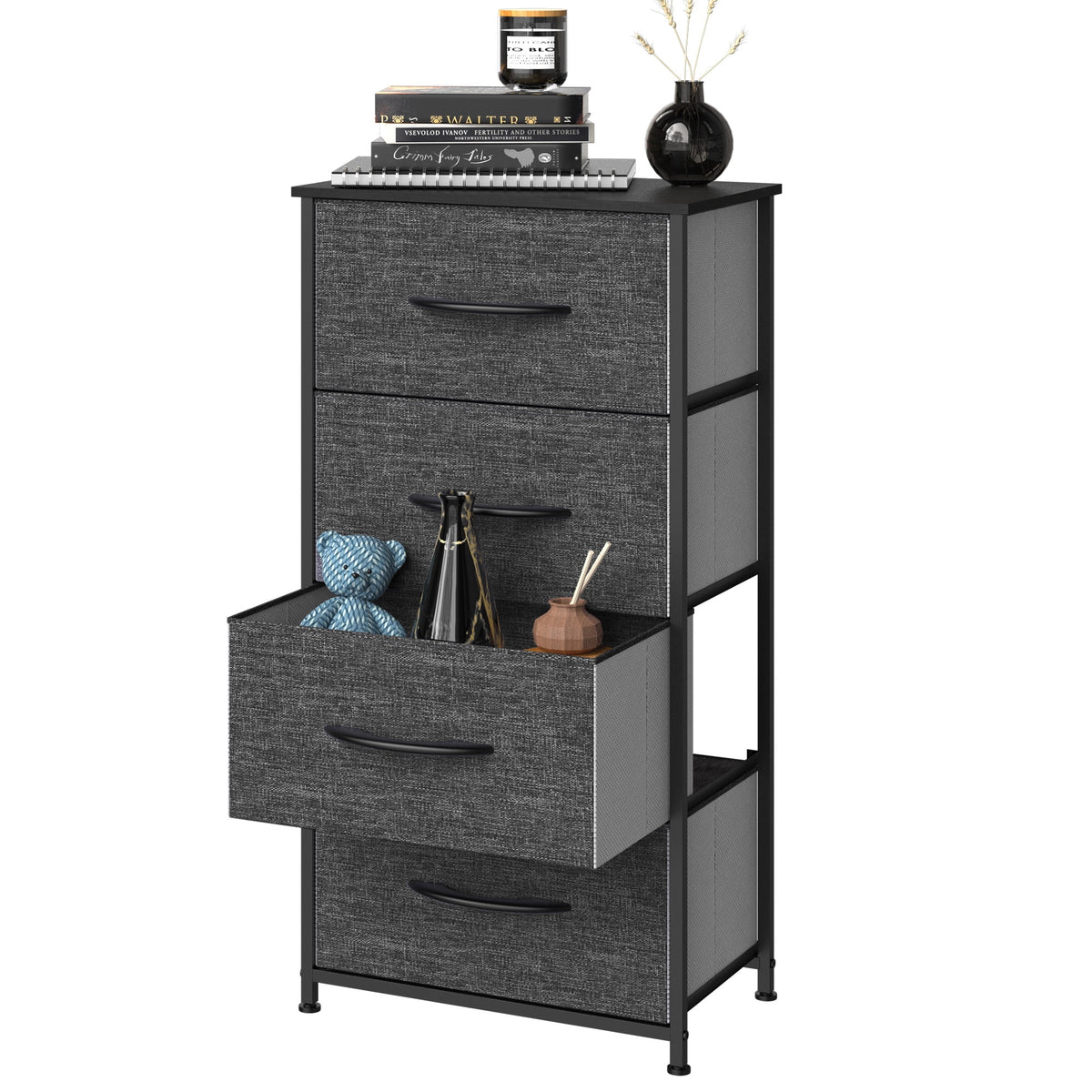 4 Drawers Dresser Storage Tower Black Grey X9955