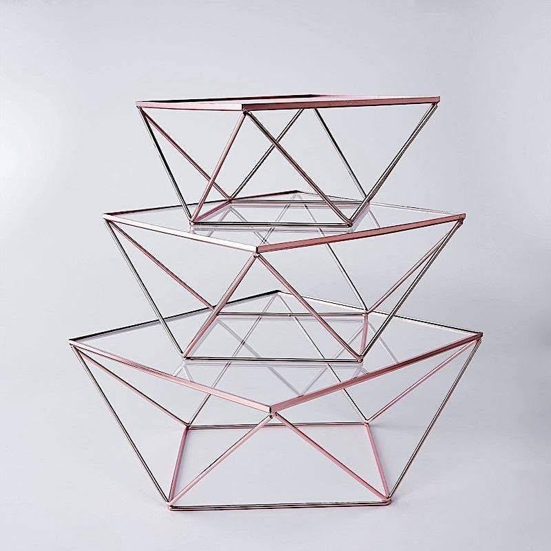 3 Rose Gold Metal Glass Geometric Cake Stands X8831