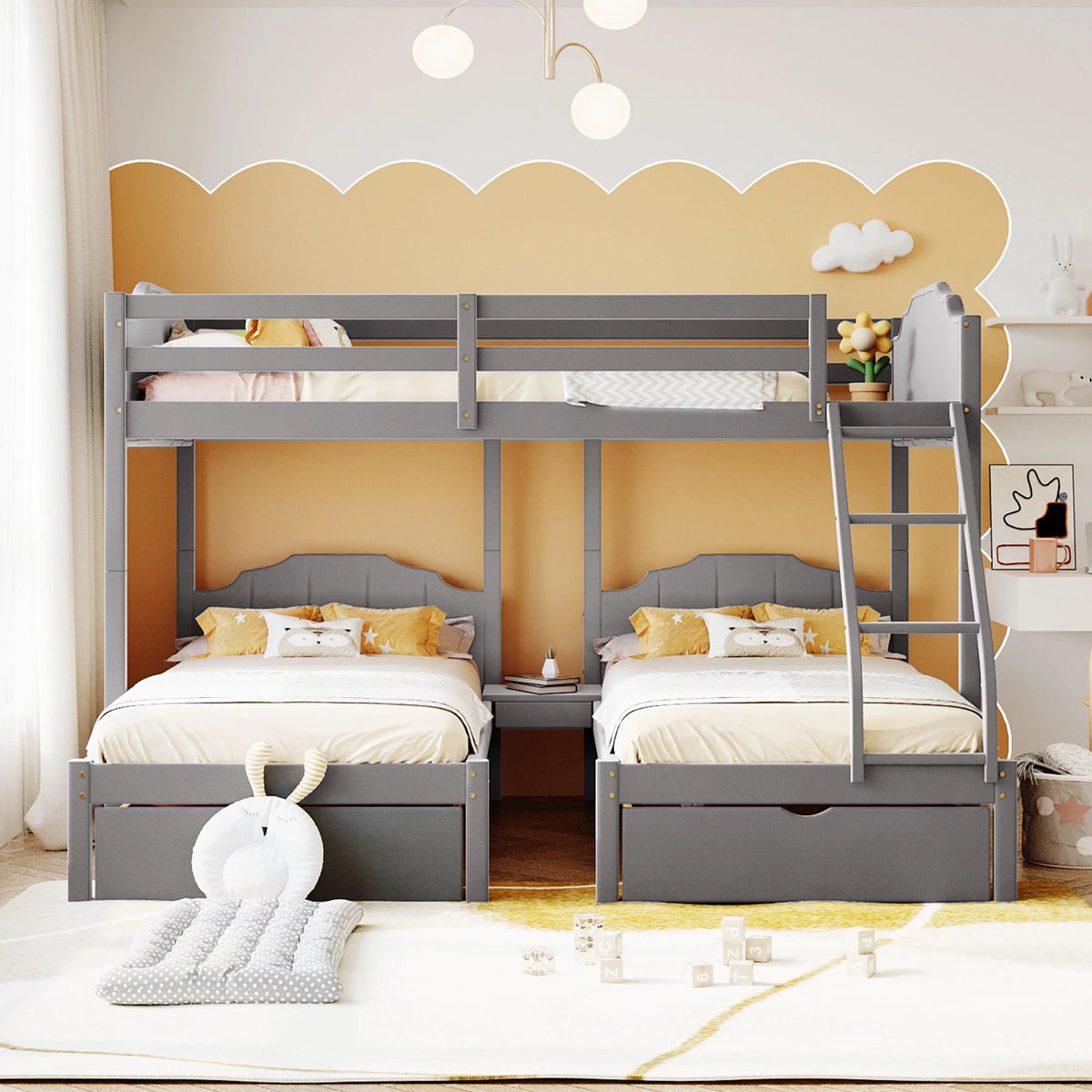 Velvet Full over Twin & Twin Bunk Bed with Ladder, Drawers and Guardrails K702