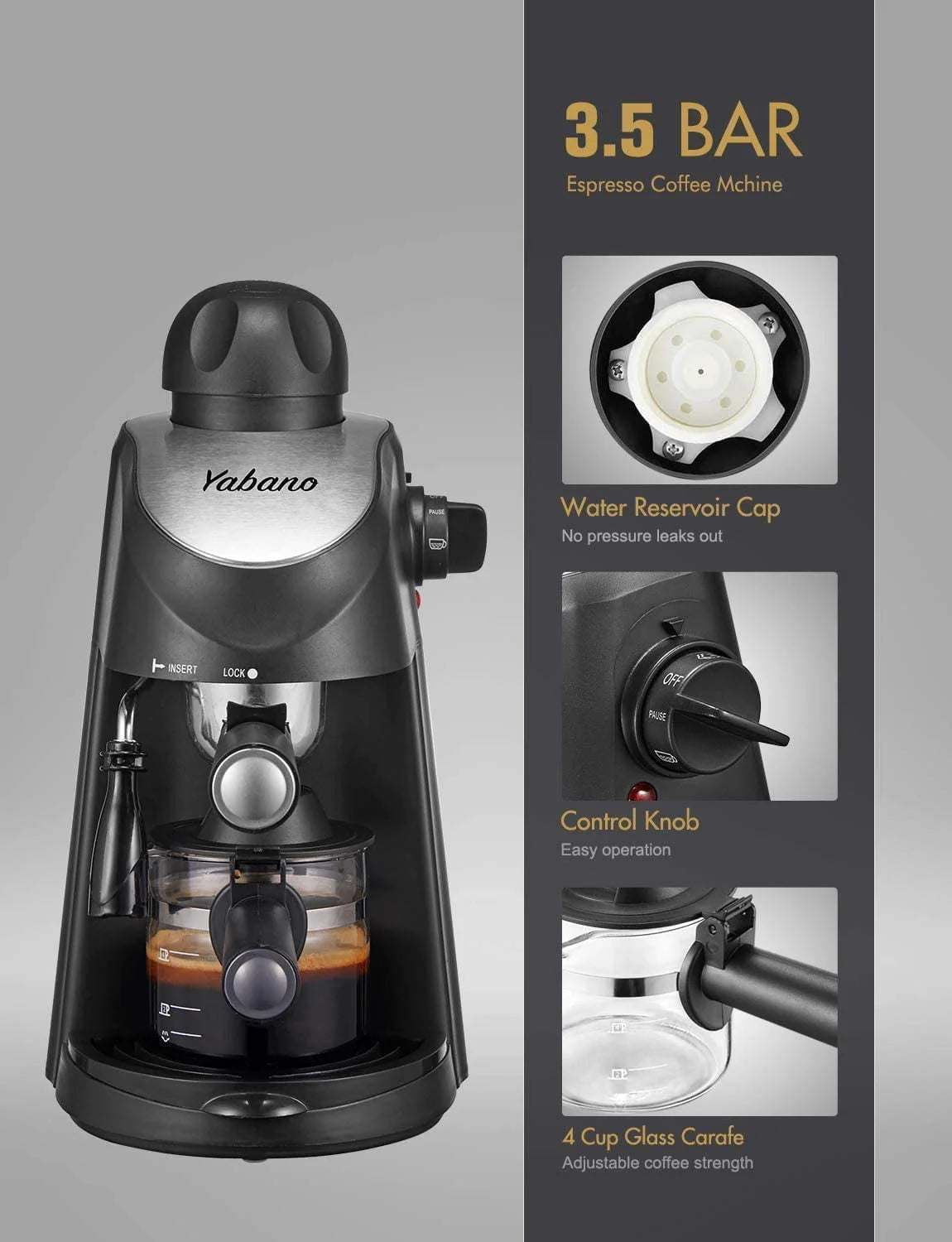 Black 3.5 Bar 4 Cup Espresso Cappuccino Maker with Milk Frother L18041