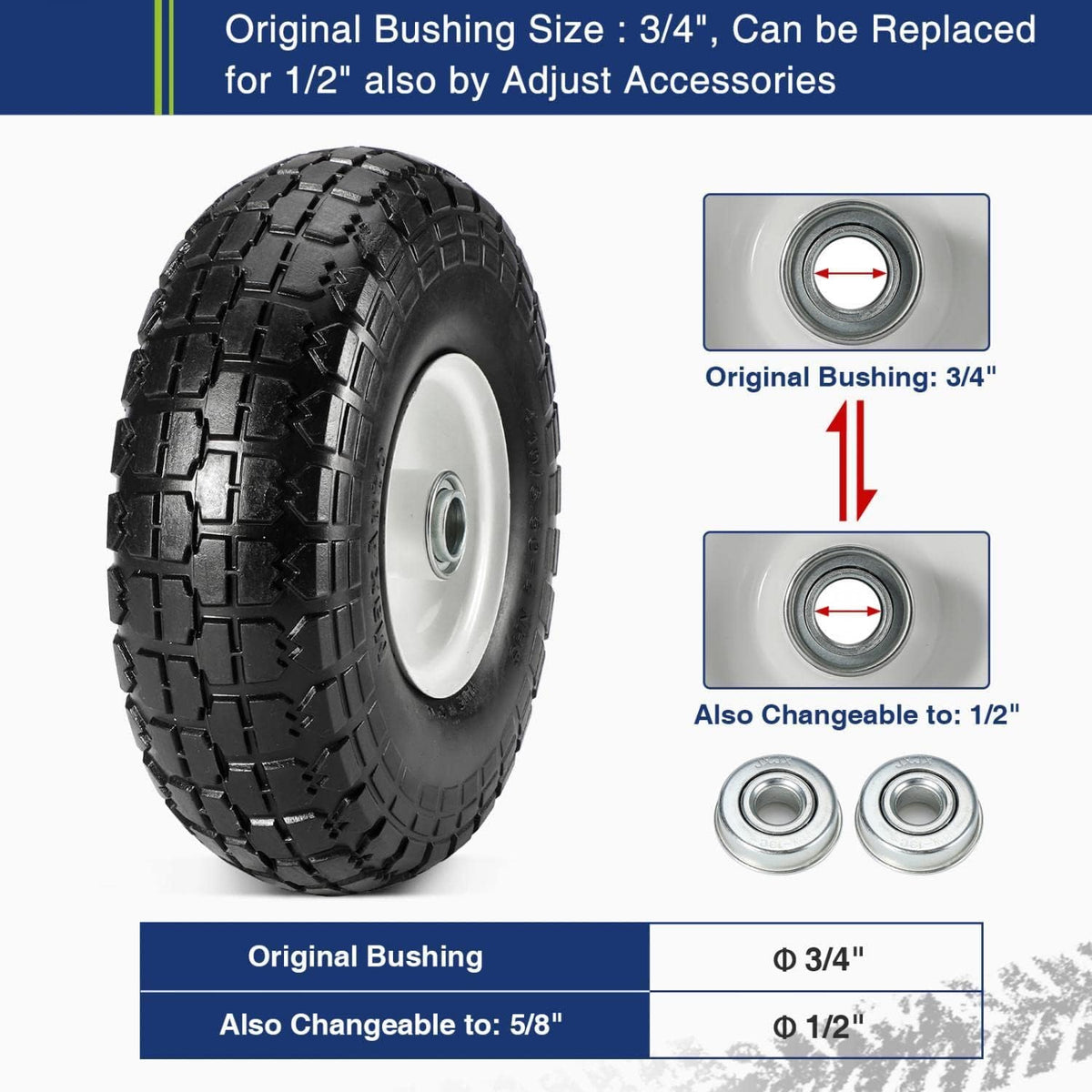 10 Flat Free Solid Rubber Tires with 3/4 Centered Bearings, 4 Pack P20339