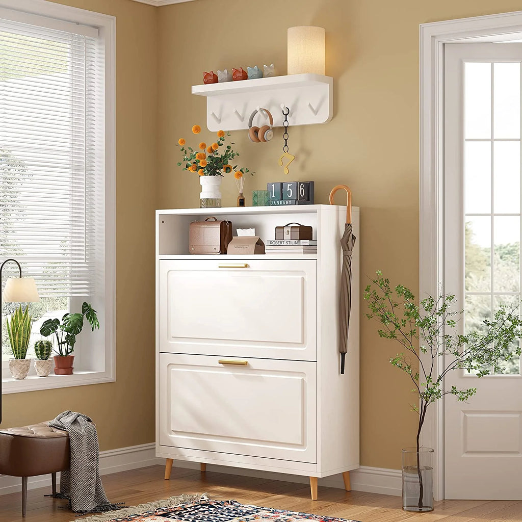 White Narrow Shoe Cabinet with 2 Flip Drawers S868109