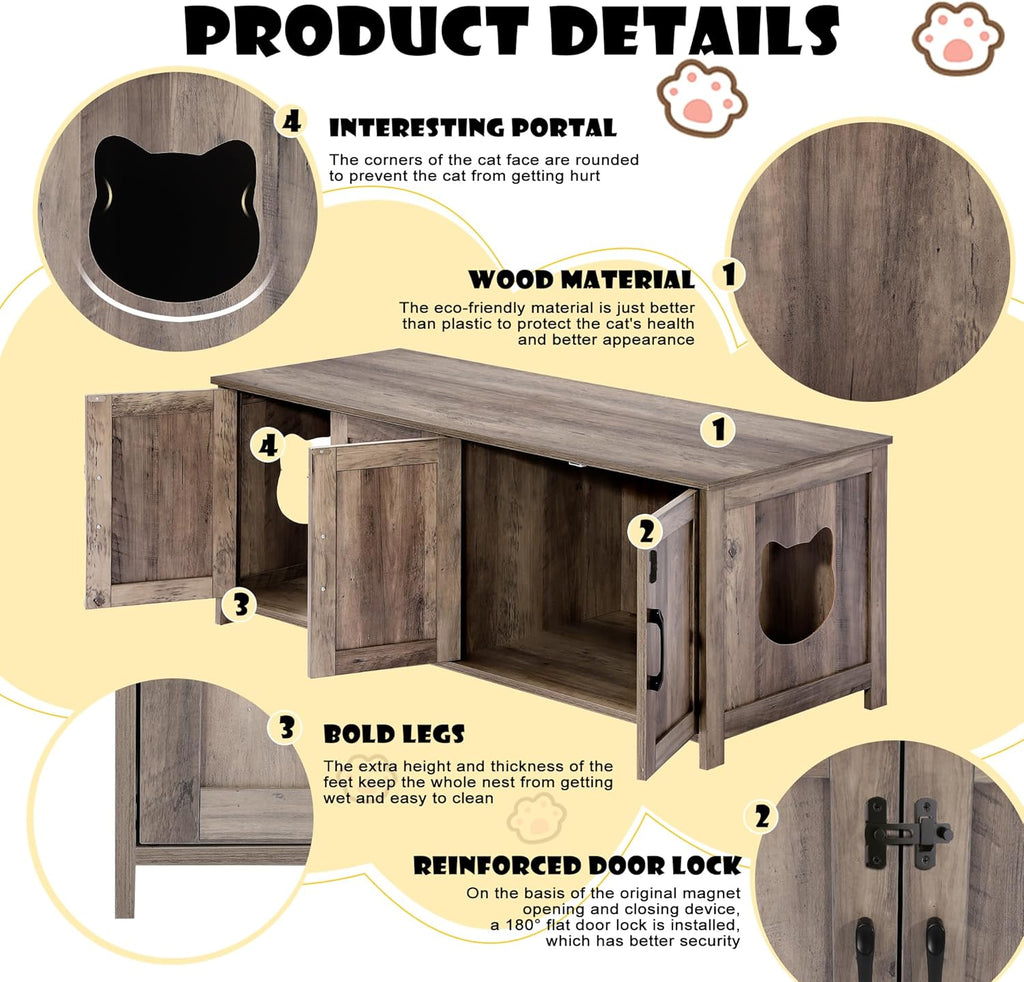 Greige Wooden Cat Litter Box Enclosure with Lockable Door P4730