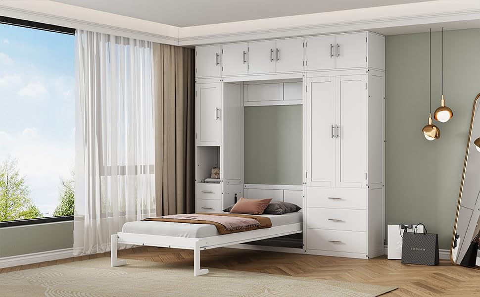 Twin Size Murphy Bed Frame with Lockers and Wardrobes, White H550070