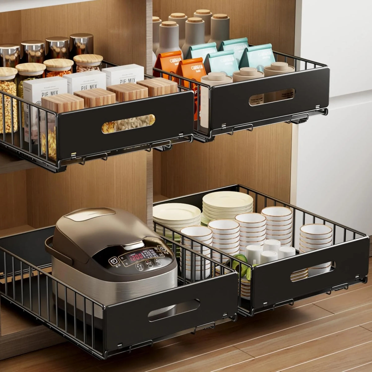 2 Pack Pull Out Cabinet Organizer, Slide Out Drawers, Heavy Duty Shelves, Black M512