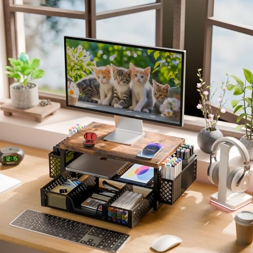 2 Tier Metal Monitor Stand with Drawer and Pen Holder, Black R11573