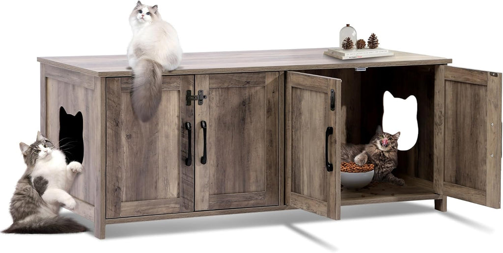 Greige Wooden Cat Litter Box Enclosure with Lockable Door P4730