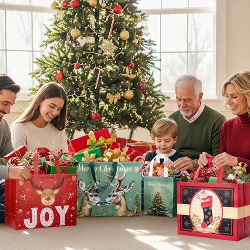24 Pack Assorted Sizes Reusable Non-Woven Christmas Tote Bags with Handles V938