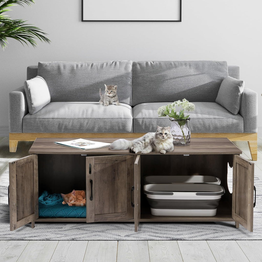 Greige Wooden Cat Litter Box Enclosure with Lockable Door P4730