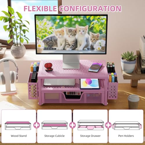 2 Tier Metal Monitor Stand with Drawer and Pen Holder, Black R11573