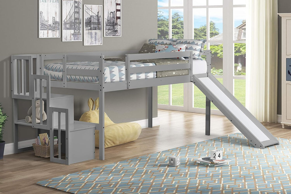 Solid Wood Loft Bed with Slide, Stair Case, Storage Shelf G94700