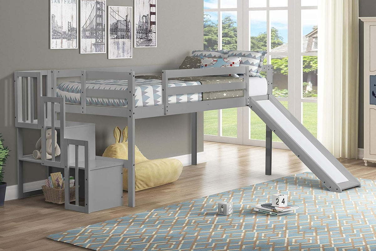 Solid Wood Loft Bed with Slide, Stair Case, Storage Shelf G94700