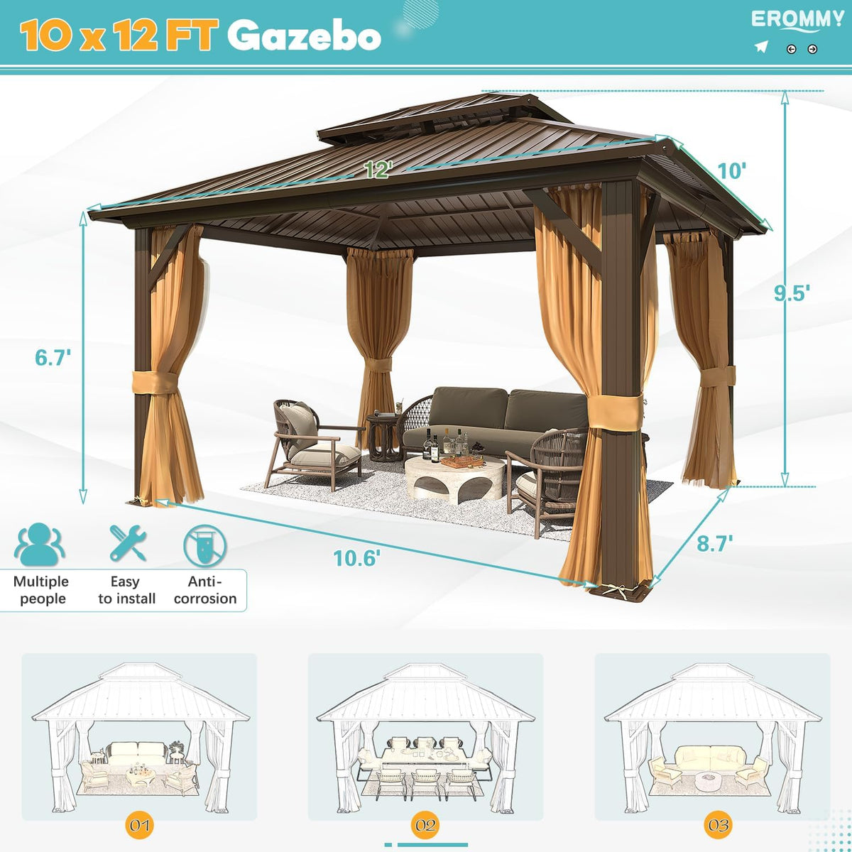 10'x12' Galvanized Steel Double Roof Metal Gazebo with Aluminum Frame N3008