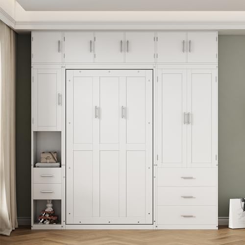 Twin Size Murphy Bed Frame with Lockers and Wardrobes, White H550070