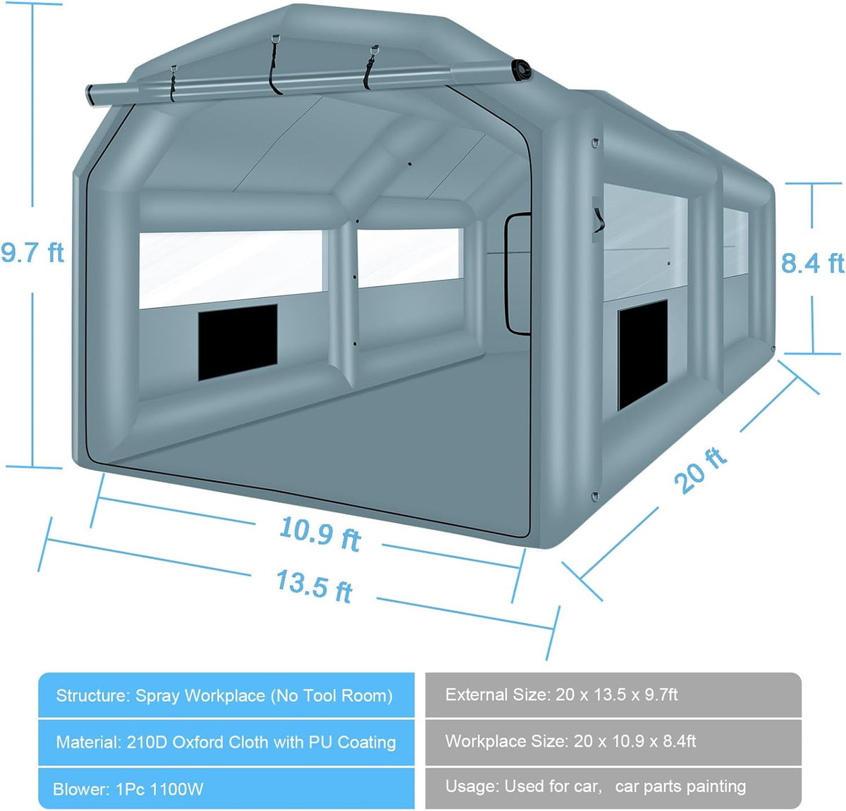 Inflatable Paint Booth 20 x 13.5 x 9.7ft Portable Spray Booth Tent with 1100W Blower W60726