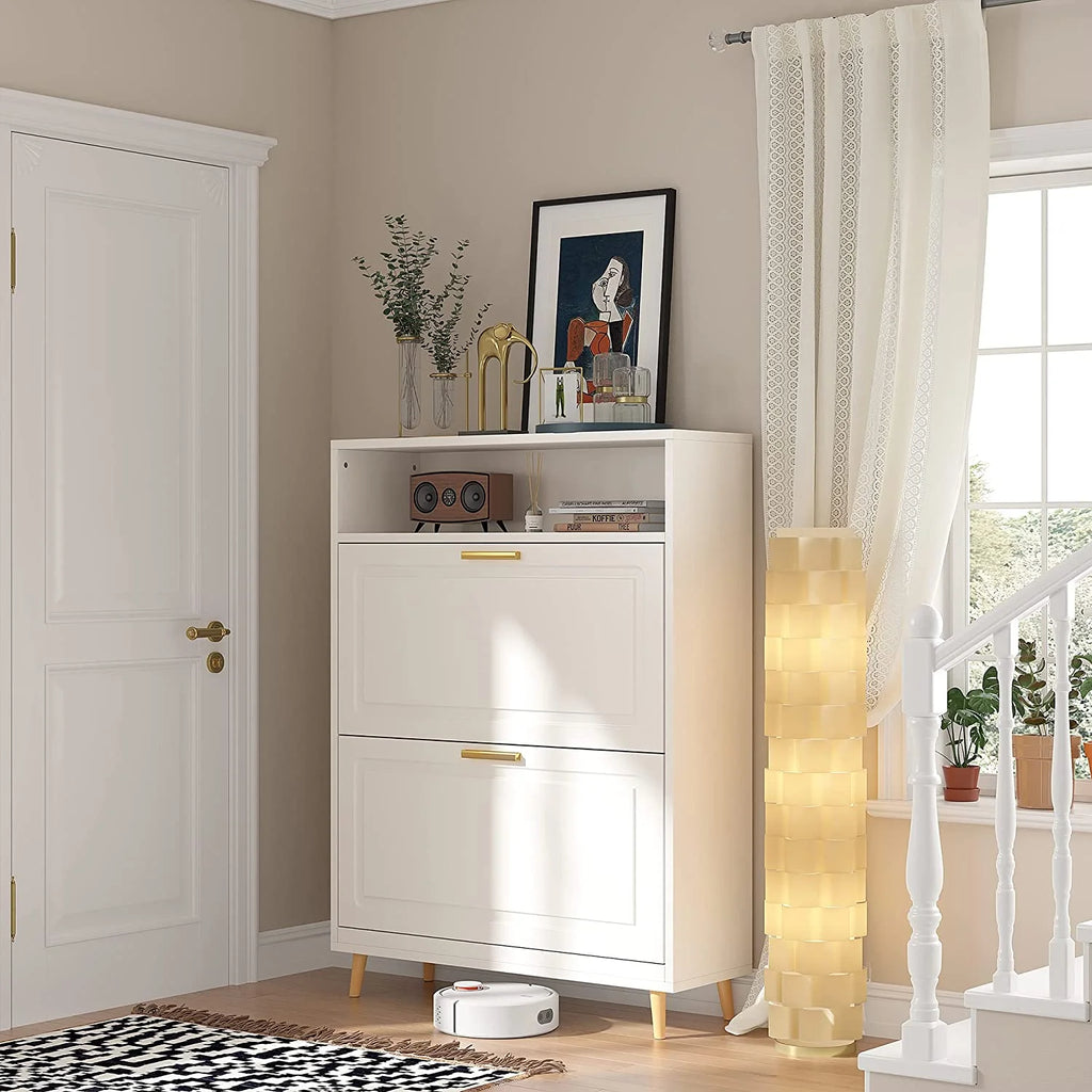 White Narrow Shoe Cabinet with 2 Flip Drawers S868109