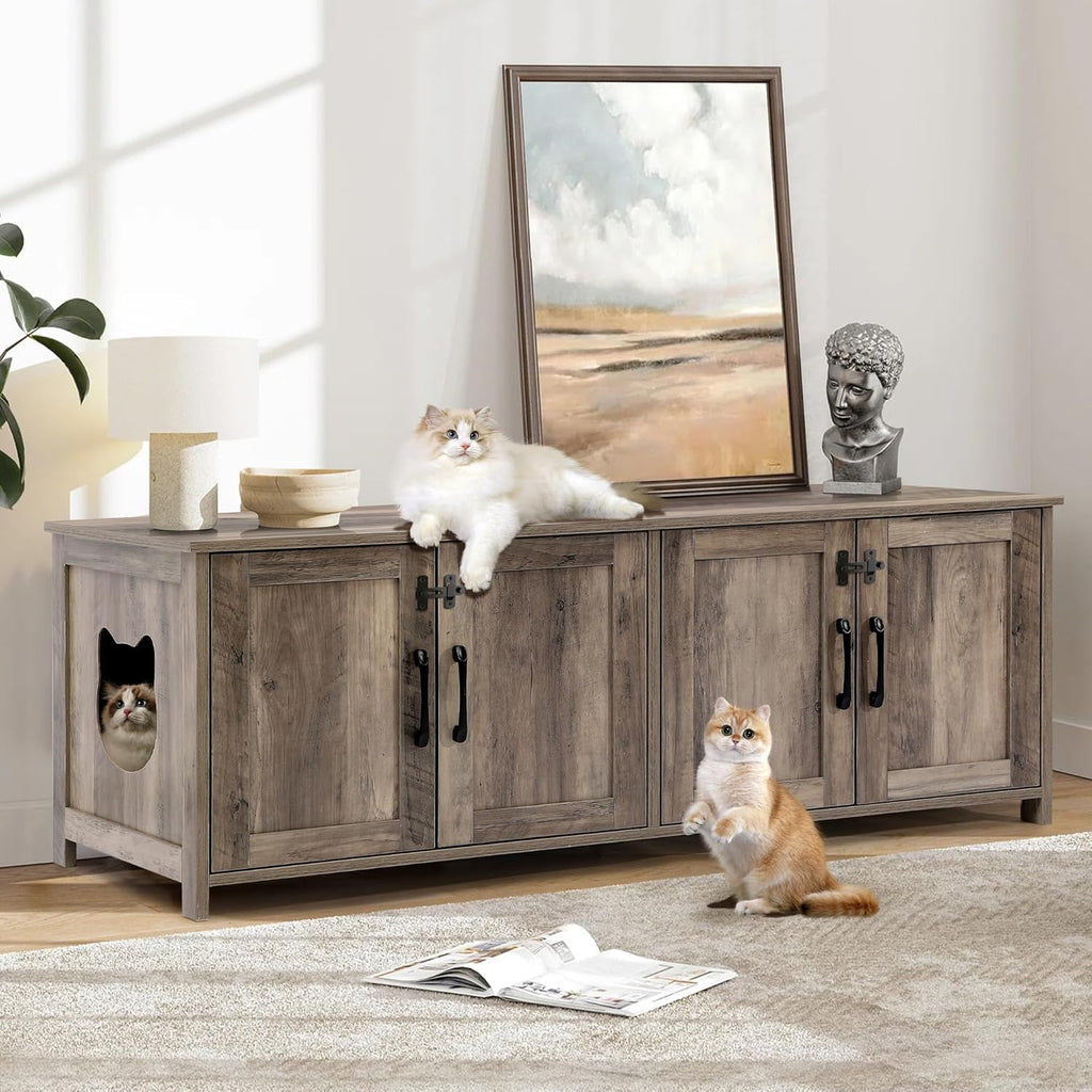 Greige Wooden Cat Litter Box Enclosure with Lockable Door P4730
