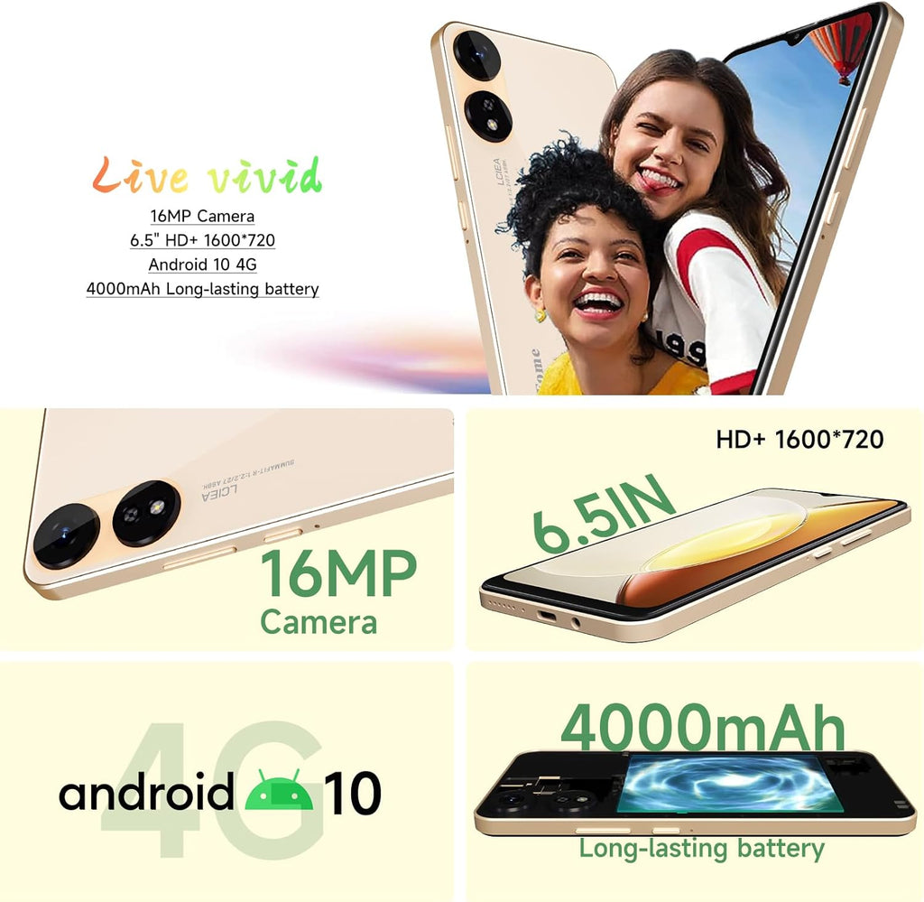 Gold 4G LTE Unlocked Cell Phone 6.5" HD+ Screen 4000mAh Android 10 Smartphone 16MP Dual SIM H67495