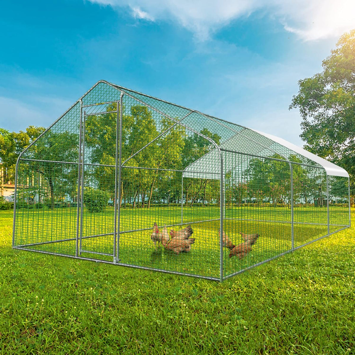 Large Metal Chicken Coop with Run, Waterproof Cover, 19.3x9.8x6.5 ft T63265