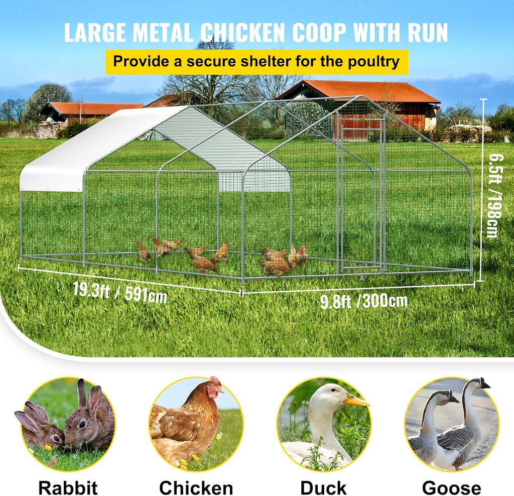 Large Metal Chicken Coop with Run, Waterproof Cover, 19.3x9.8x6.5 ft T63265