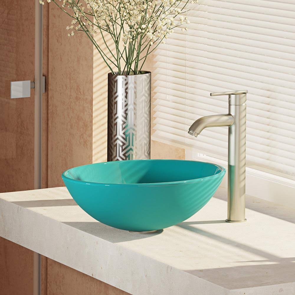 16-1/2x22 Glass Vessel Bathroom Sink with Vessel Faucet Cerulean Brushed U999
