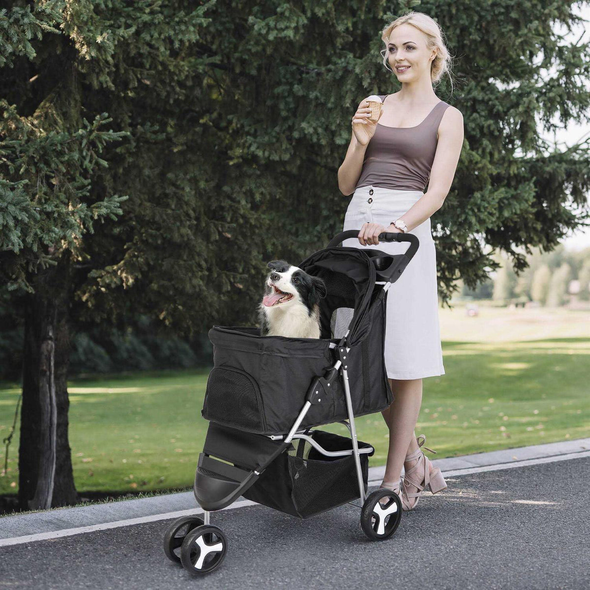 3 Wheel Foldable Pet Stroller with Storage Basket L749867