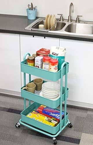 Turquoise 3-Tier Metal Utility Rolling Cart W560