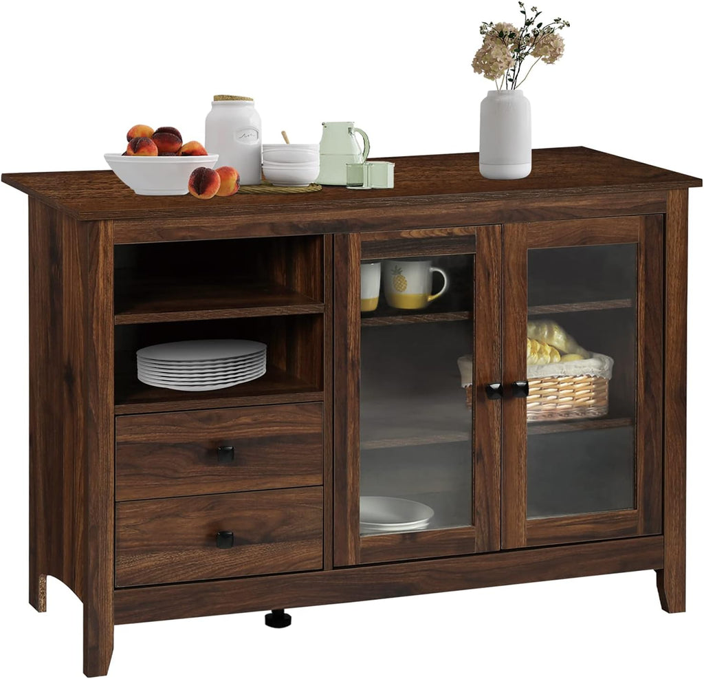 Gray Rustic Farmhouse Buffet Sideboard with Glass Doors U94826