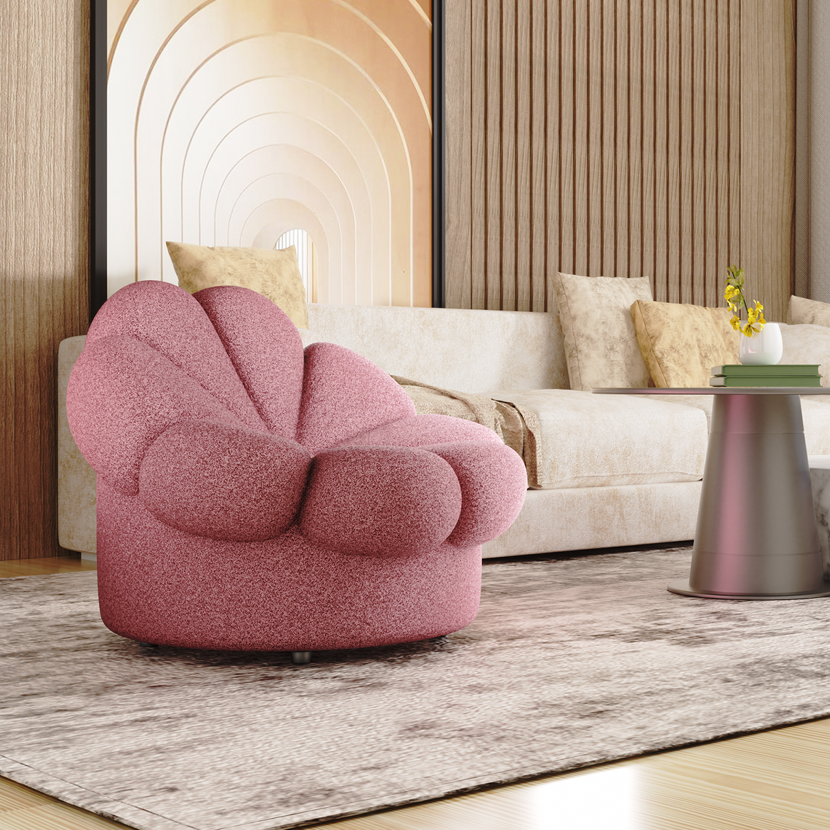 Rosewood Pink Mohair Blooming Flower Lazy Sofa T456