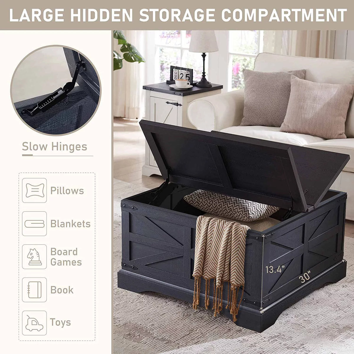 Black Square Wood Lift Top Coffee Table with Storage N76719