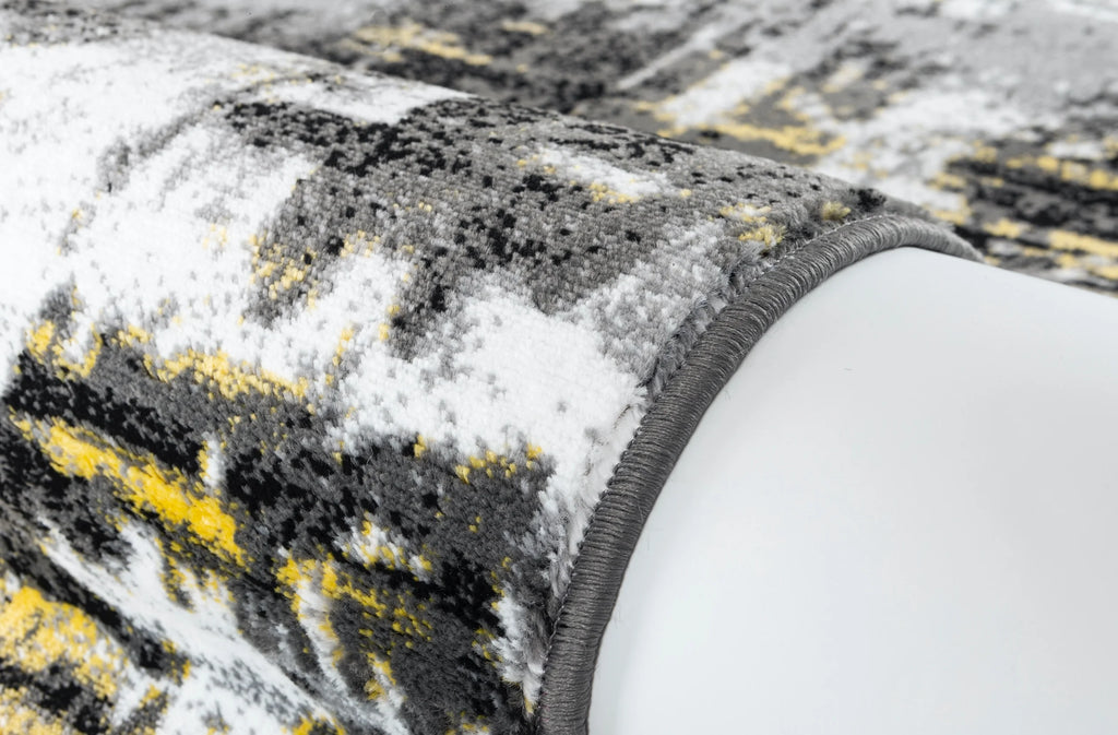 Black Yellow Gray White Distressed Geometric Abstract Rug Y10069